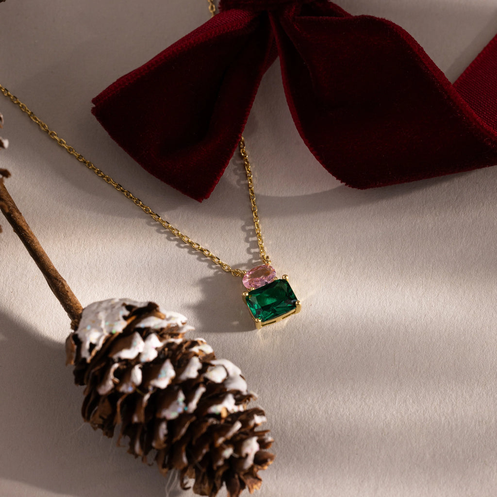 Pink Tourmaline Emerald Bloom Necklace Silver 18K Gold Plated