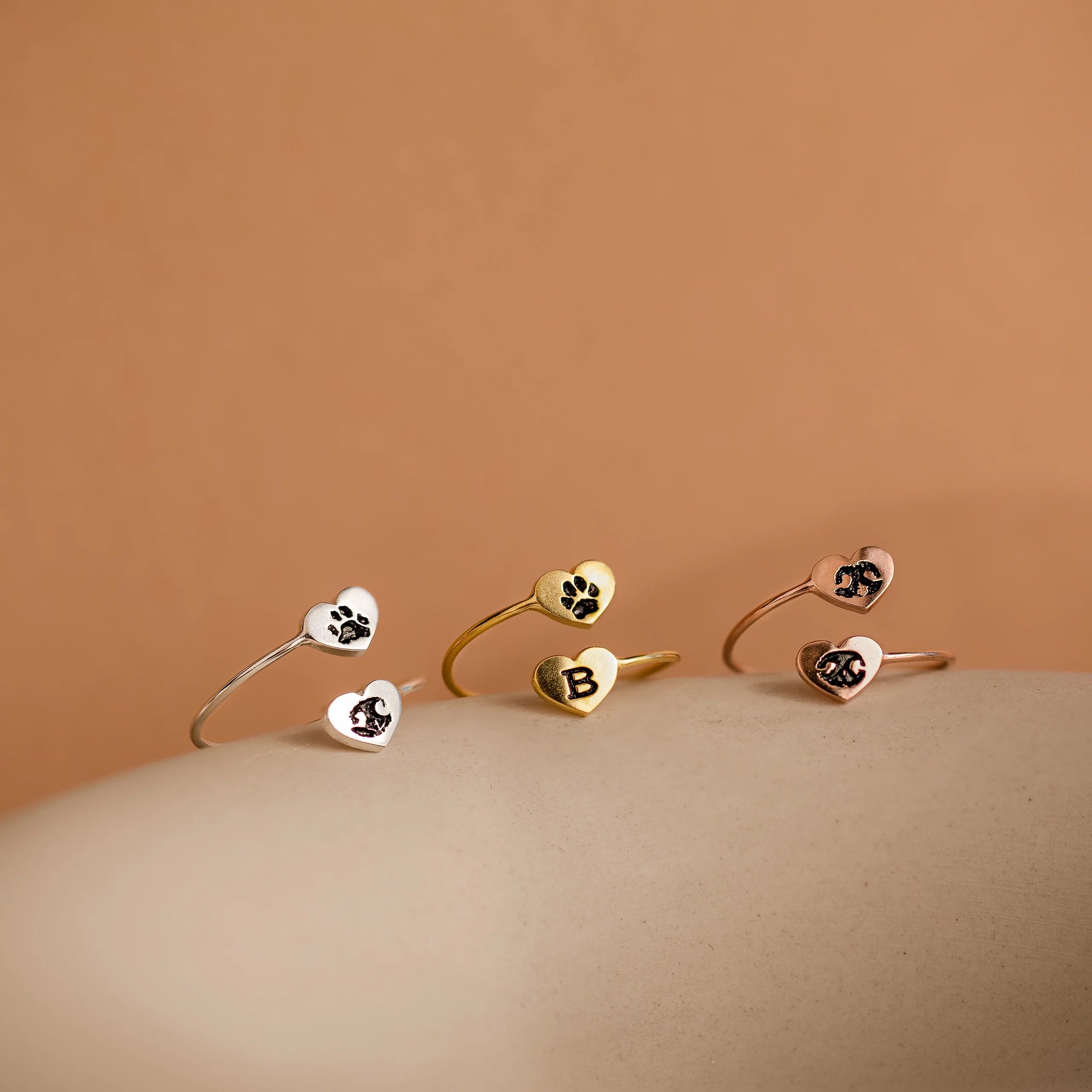 Paw Print Duo Heart Ring Silver 18K Gold Plated