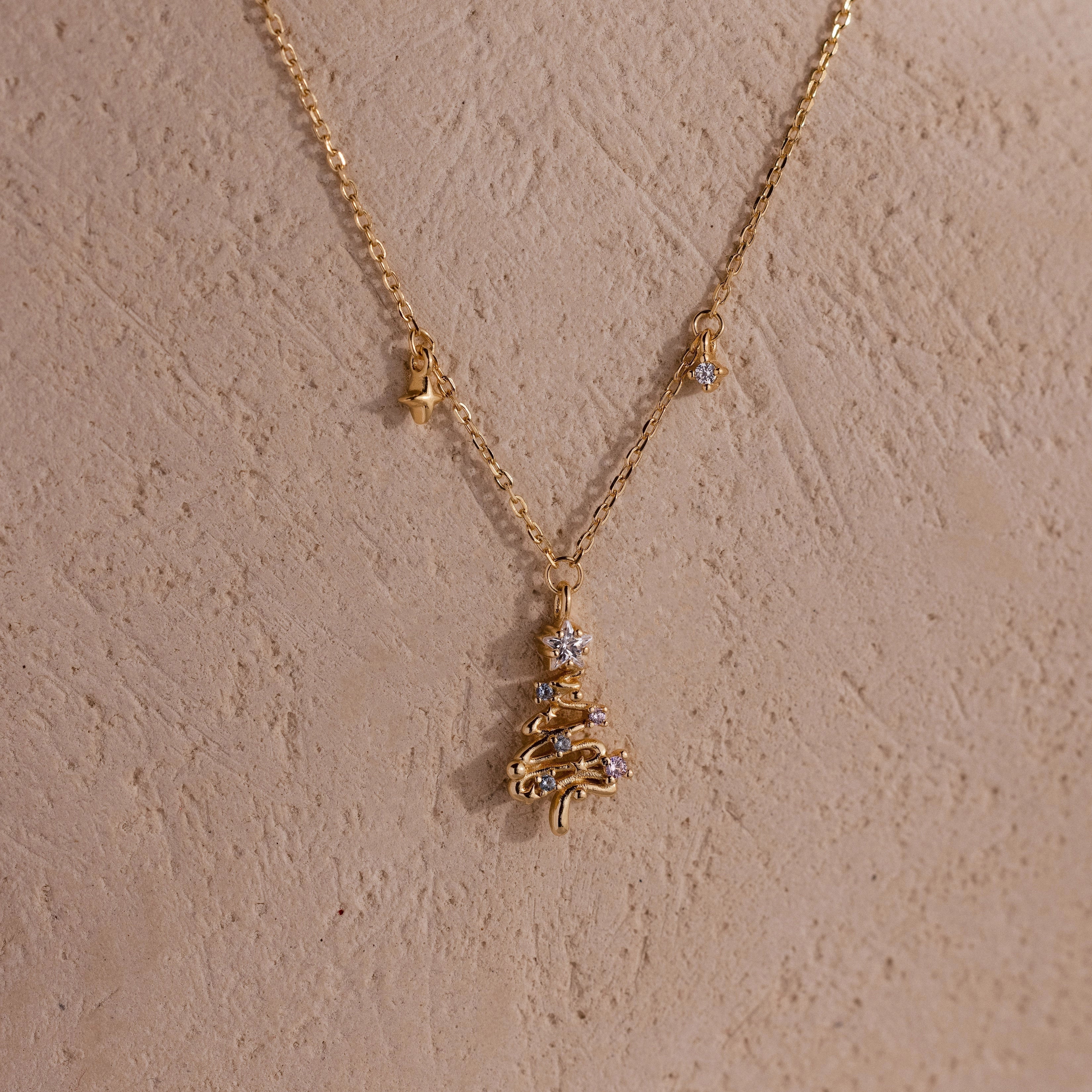 Holiday Diamond Tree Necklace Silver 18K Gold Plated