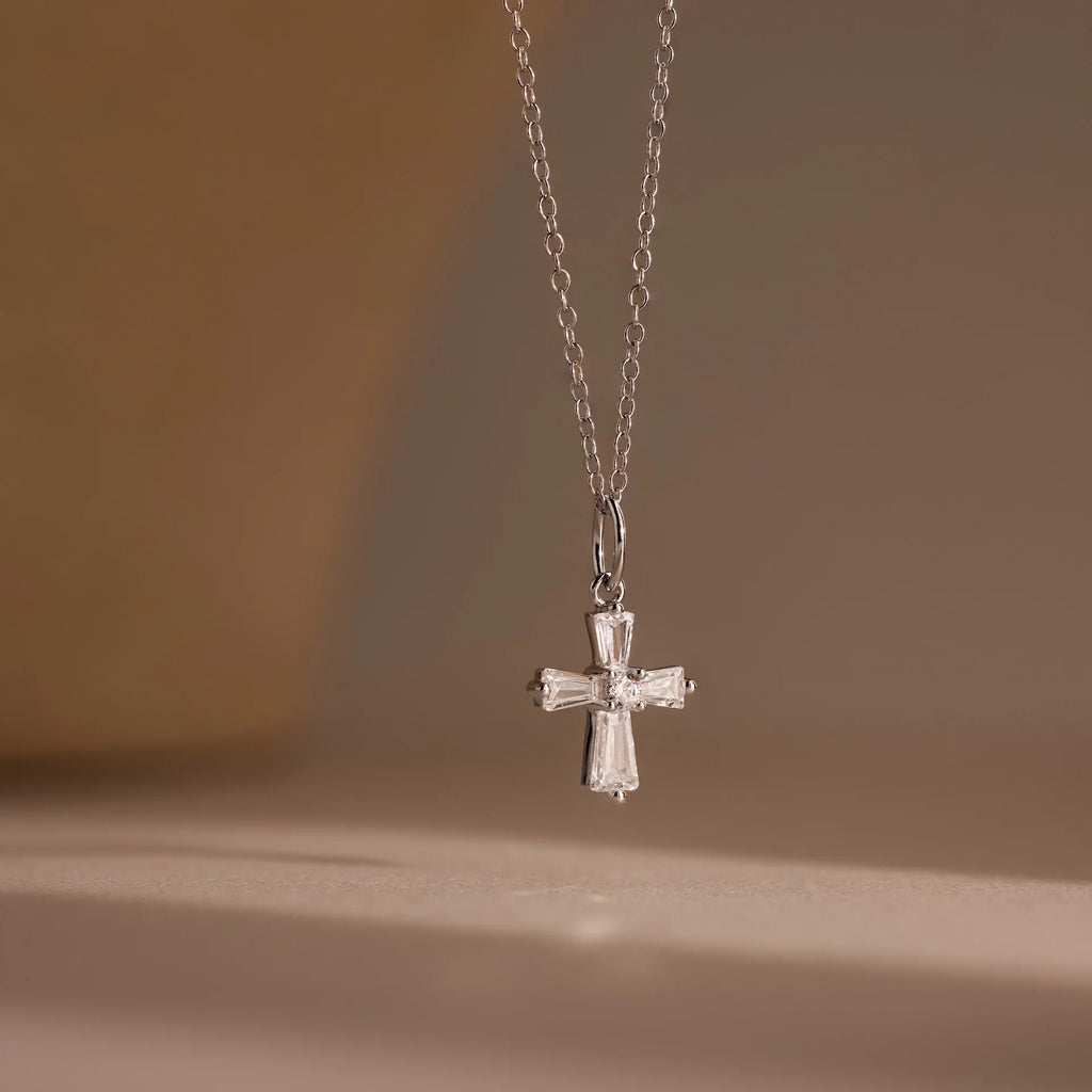 Diamond Pavé Art Deco Cross Necklace Silver 18K Gold Plated