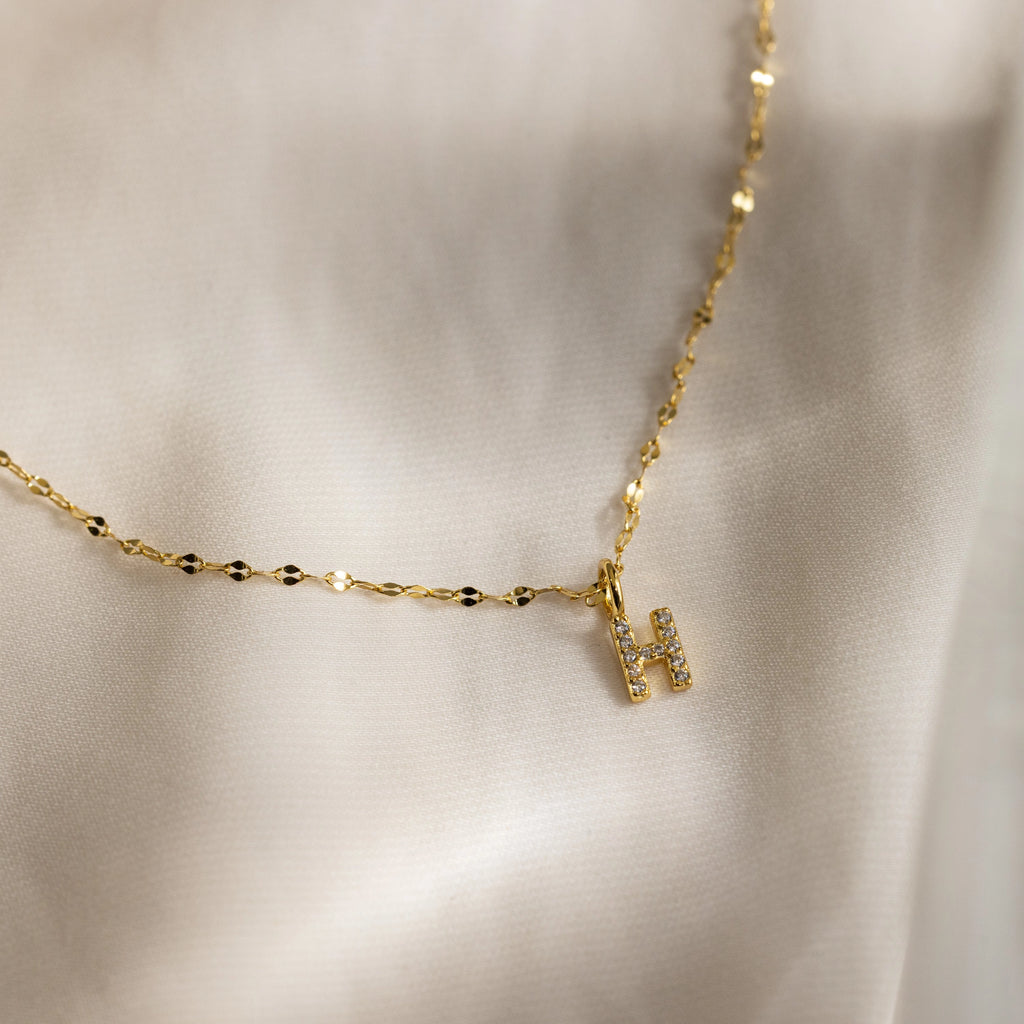 Dainty Pave Letter Necklace Silver 18K Gold Plated