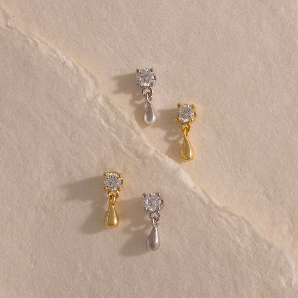 Diamond Droplet Studs Silver 18K Gold Plated