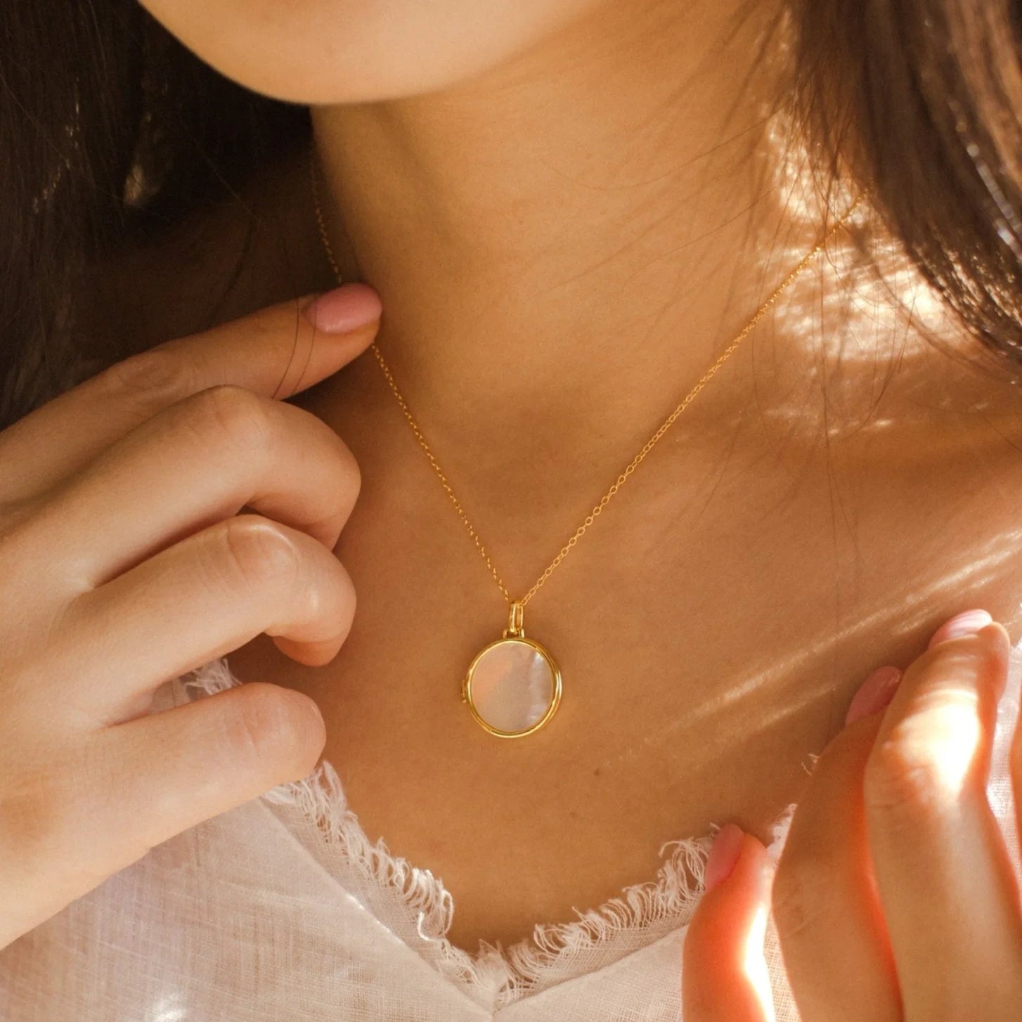 Pearl Disc Locket Necklace Silver 18K Gold Plated