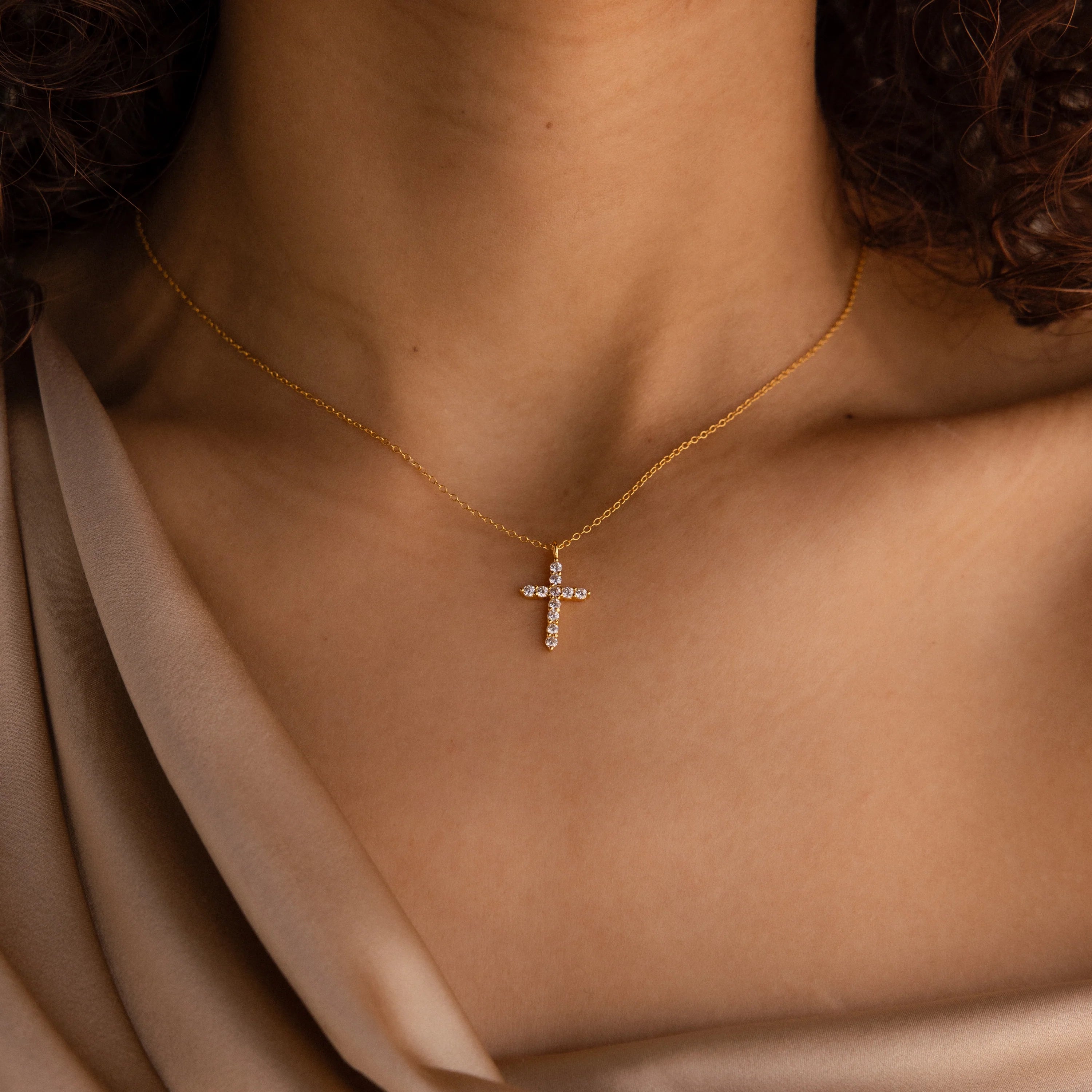 Diamond Pave Cross Necklace Silver 18K Gold Plated