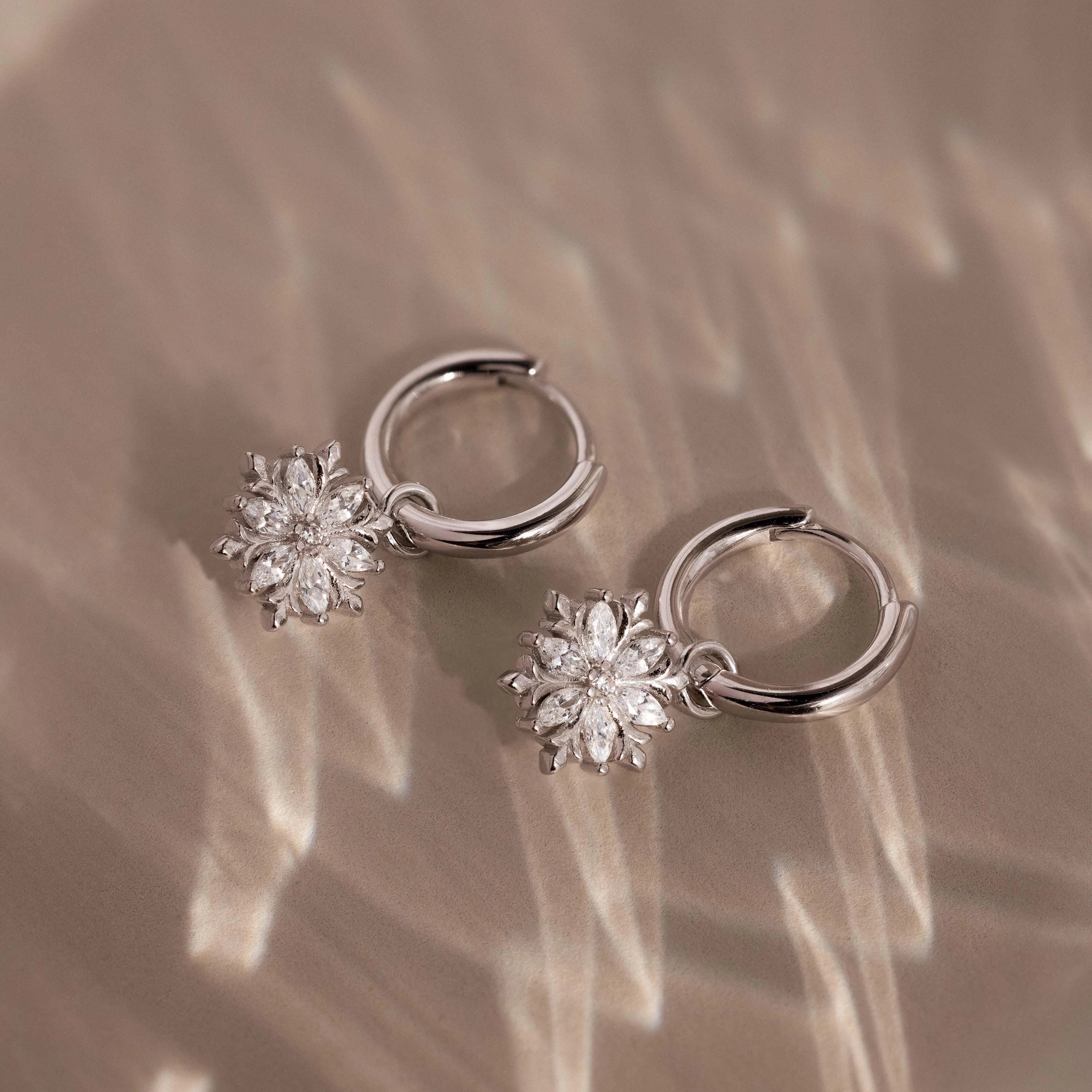 Diamond Poinsettia Charm Hoops Silver 18K Gold Plated