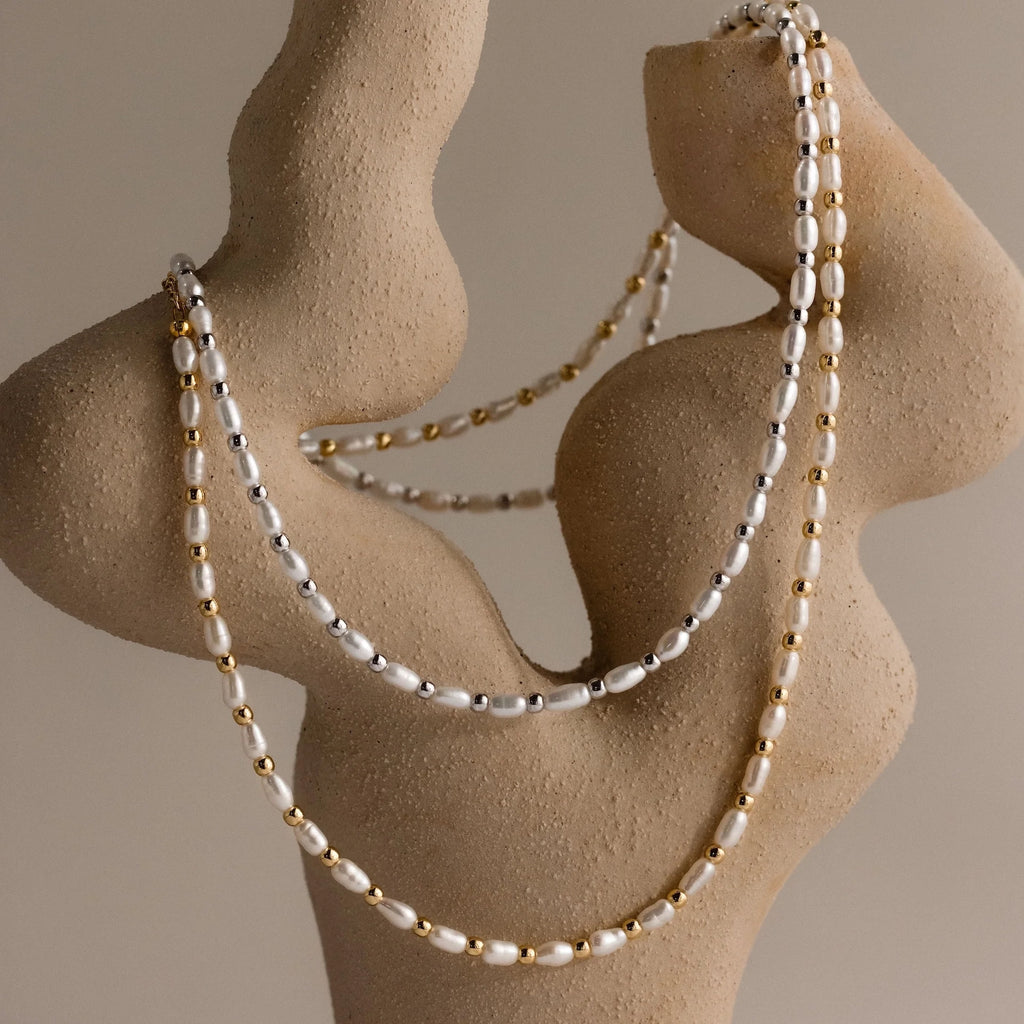 Beaded Pearl Necklace Silver 18K Gold Plated