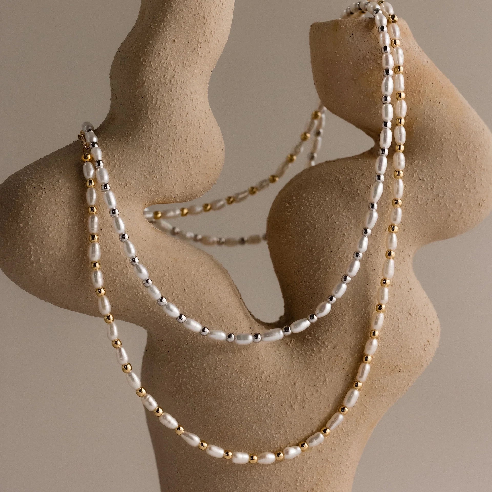 Beaded Pearl Necklace Silver 18K Gold Plated