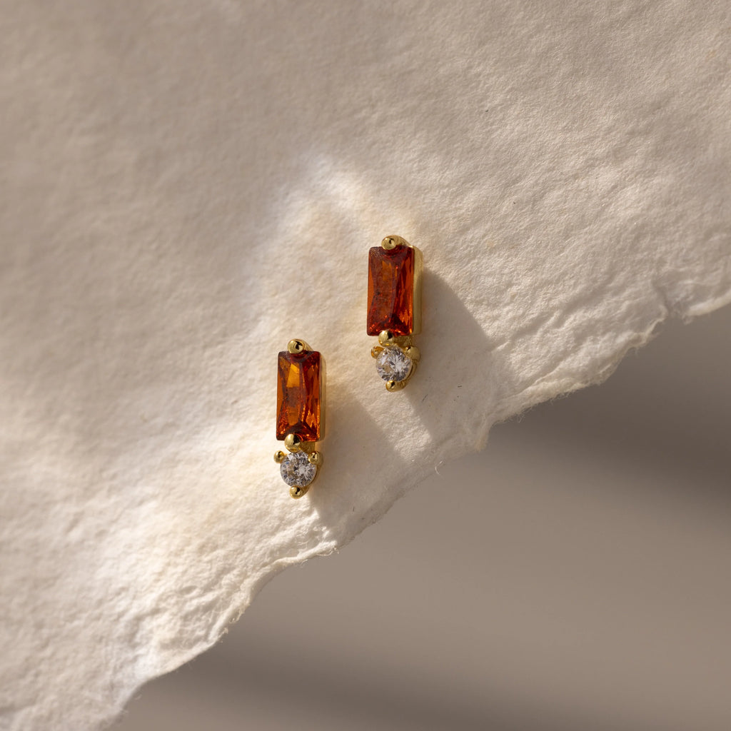 Diamond Baguette Birthstone Drop Studs Silver 18K Gold Plated