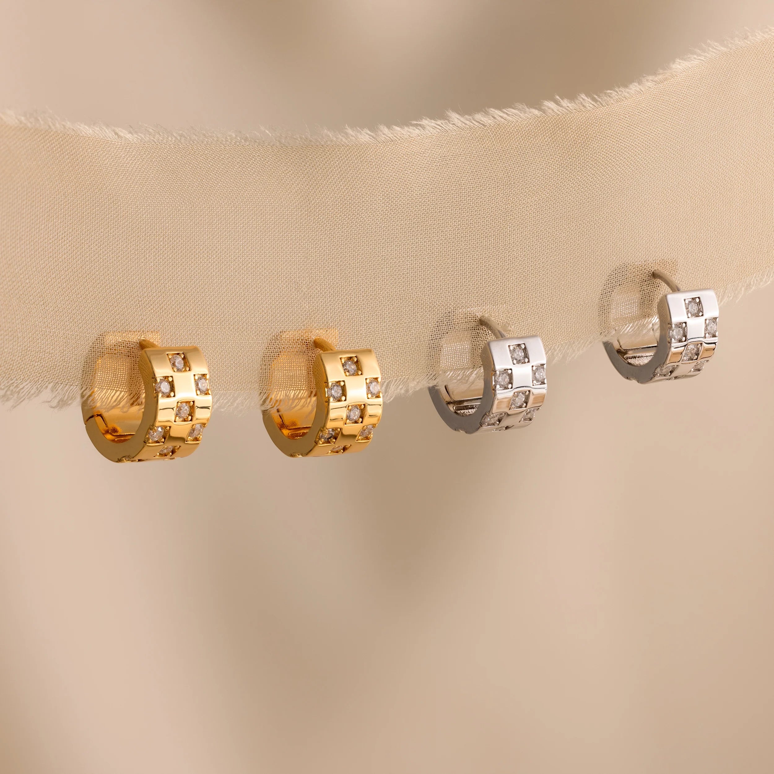 Pave Checkered Huggies Silver 18K Gold Plated