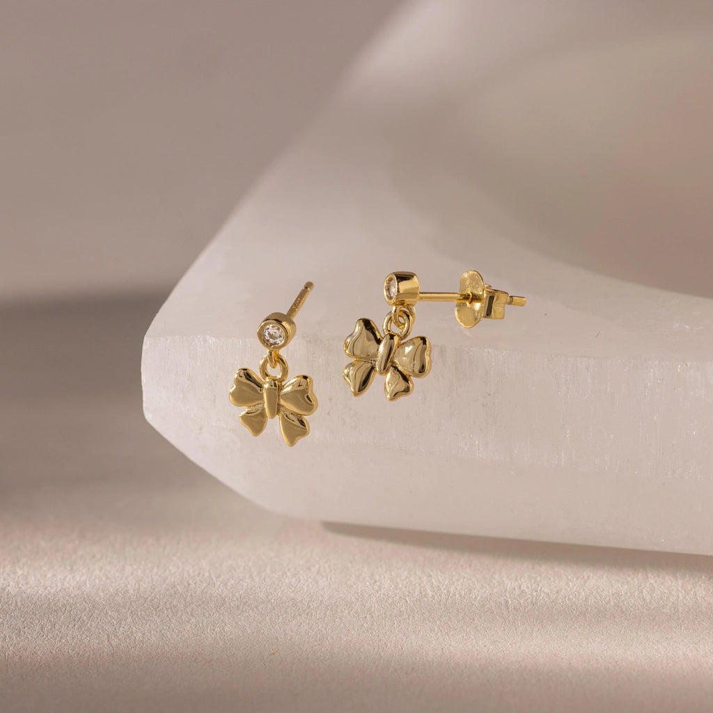 Diamond Bow Drop Studs Silver 18K Gold Plated