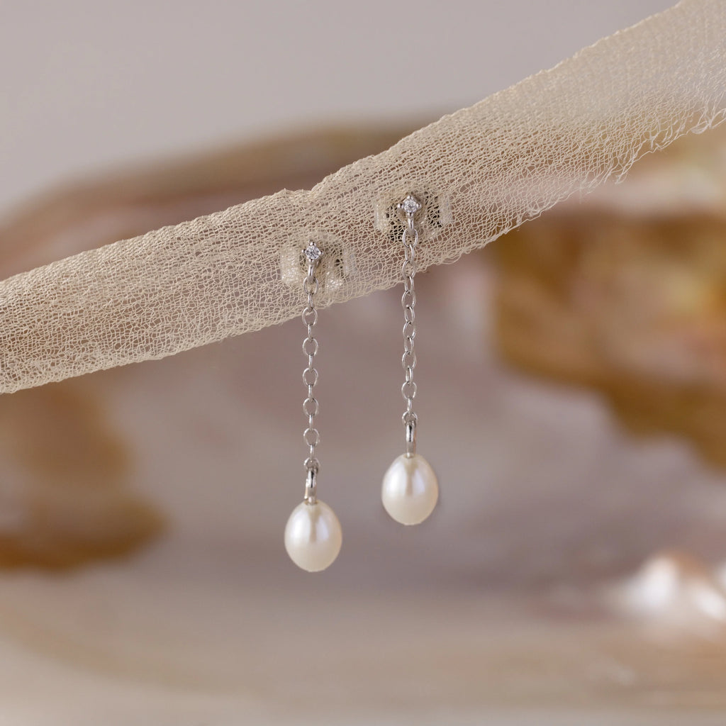 Diamond Pearl Drop Earrings Silver 18K Gold Plated