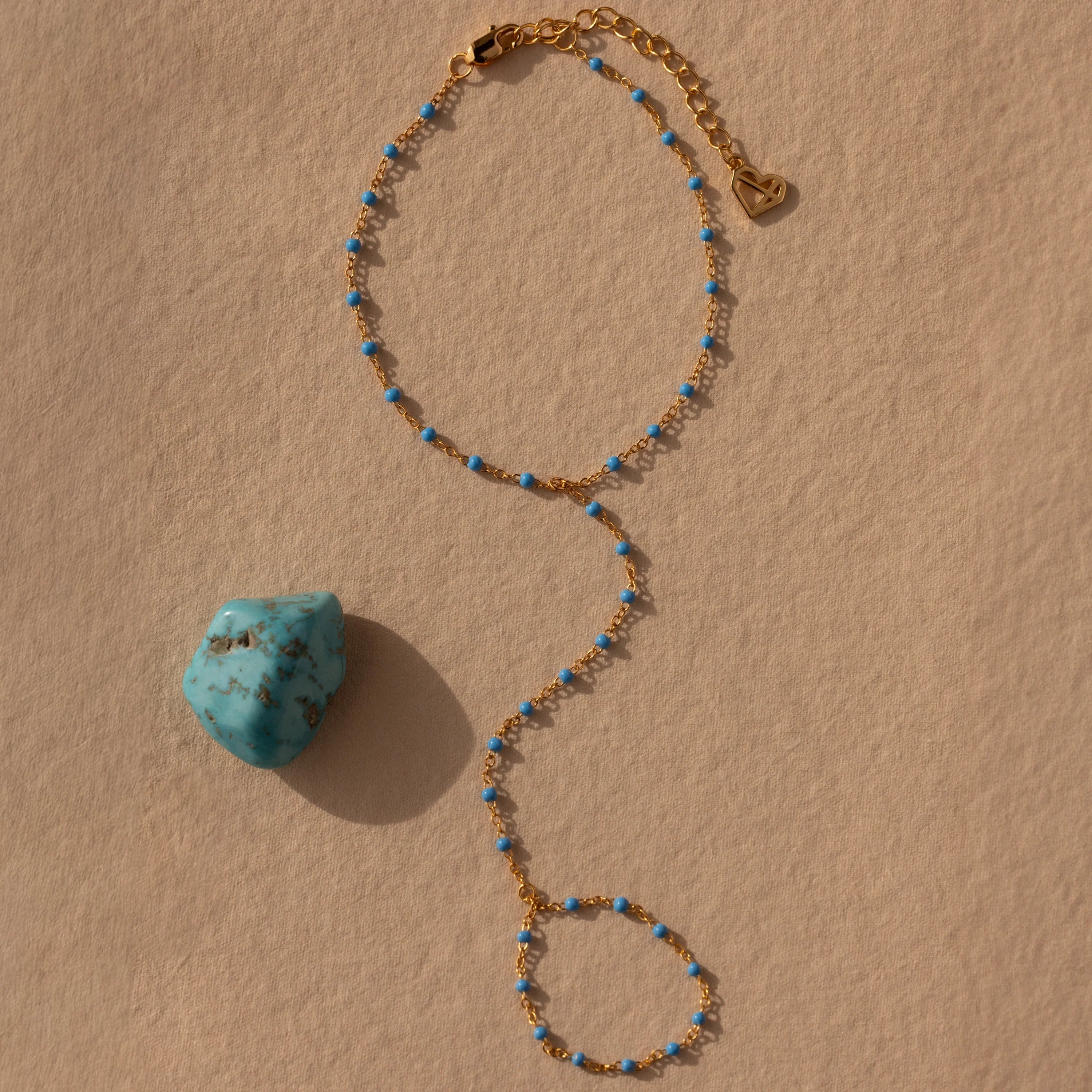 Turquoise Ocean Beaded Hand Chain Bracelet Silver 18K Gold Plated