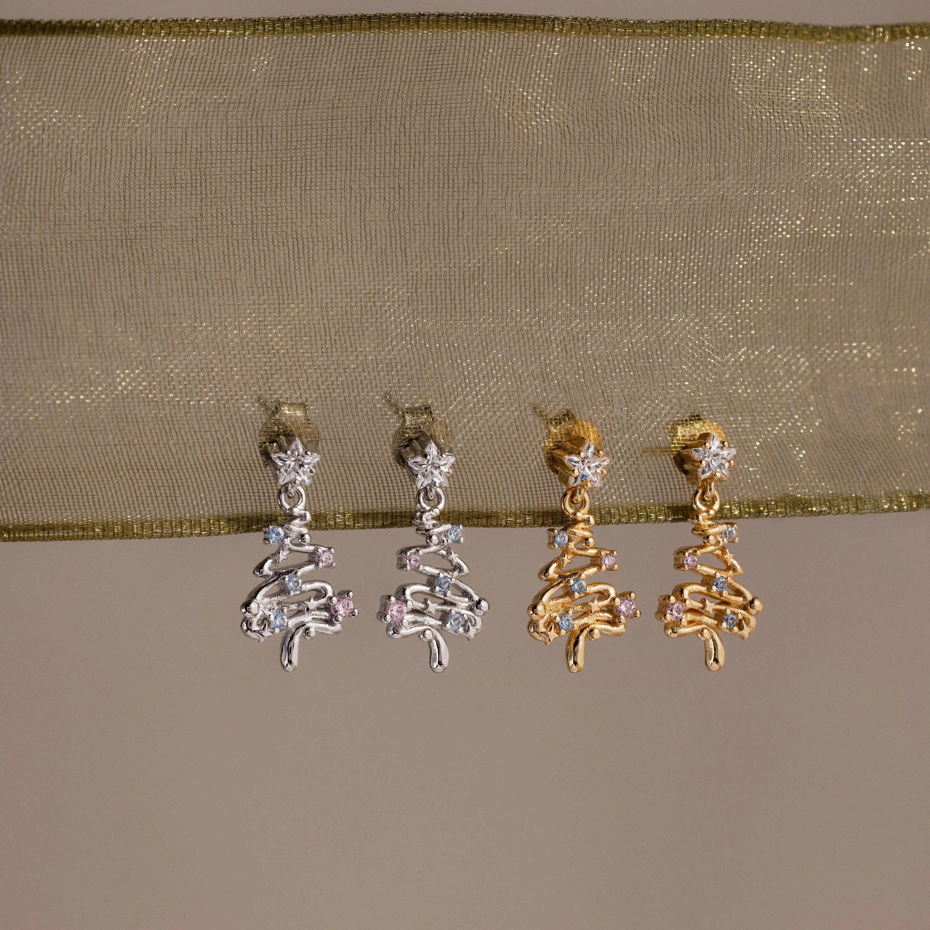 Diamond Christmas Tree Studs Silver 18K Gold Plated