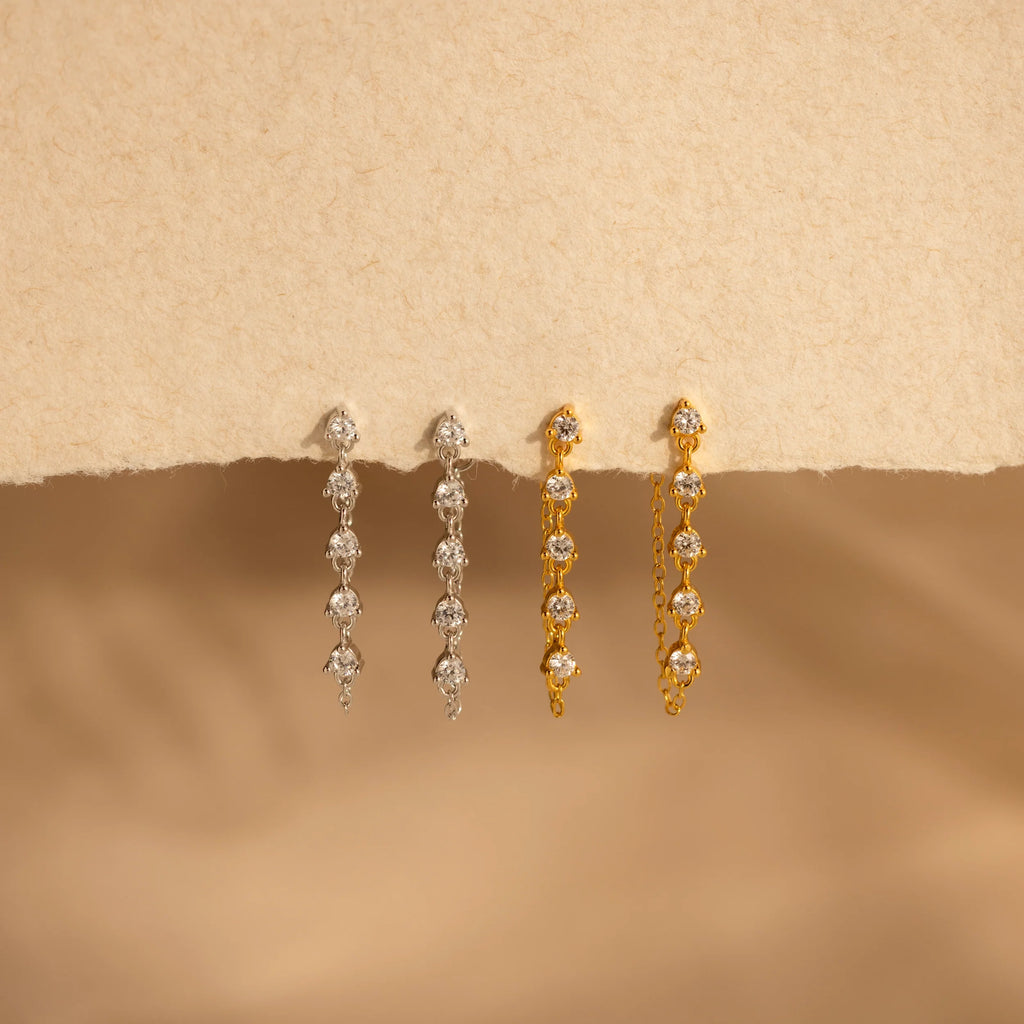 Diamond Chain Drop Earrings Silver 18K Gold Plated