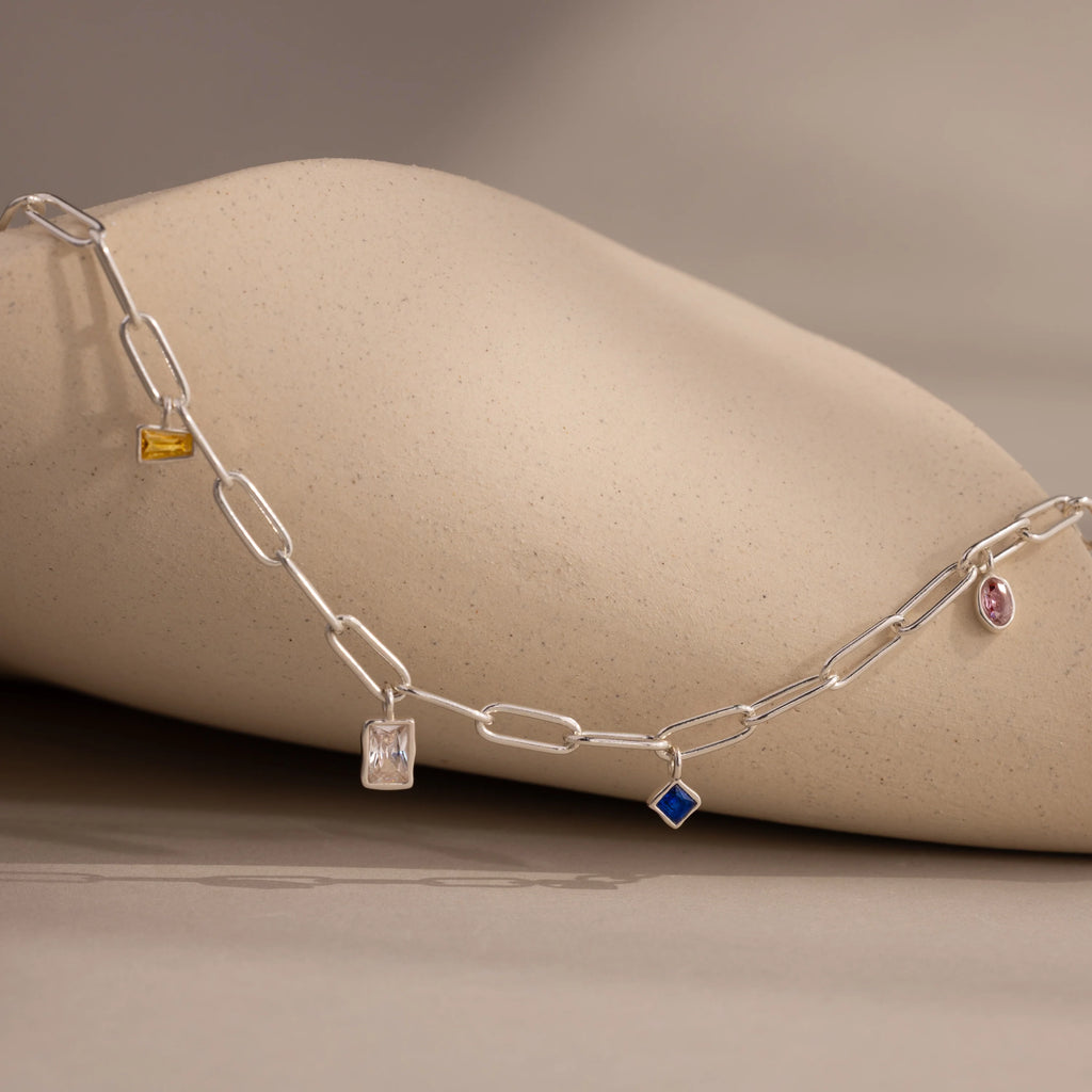 Mixed Birthstone Charm Necklace Silver 18K Gold Plated