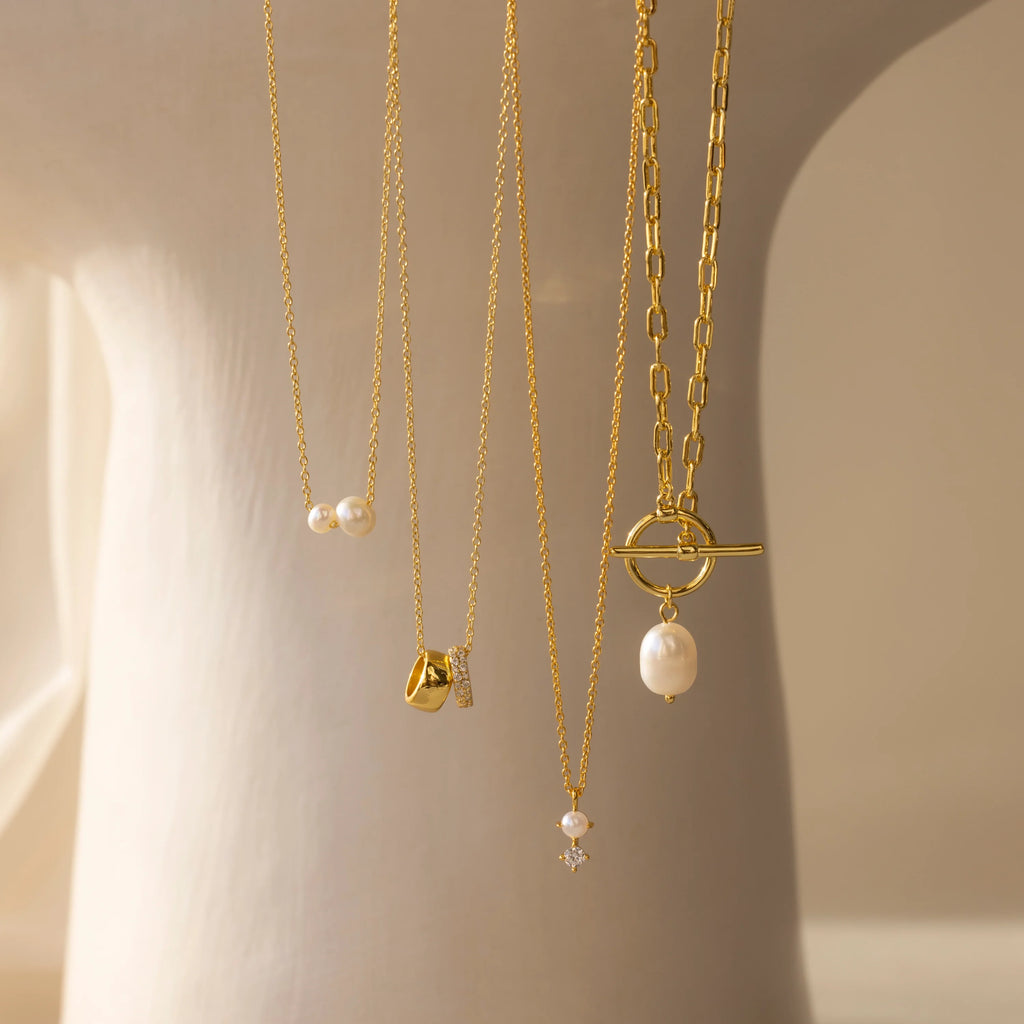 Dainty Duo Pearl Necklace Silver 18K Gold Plated