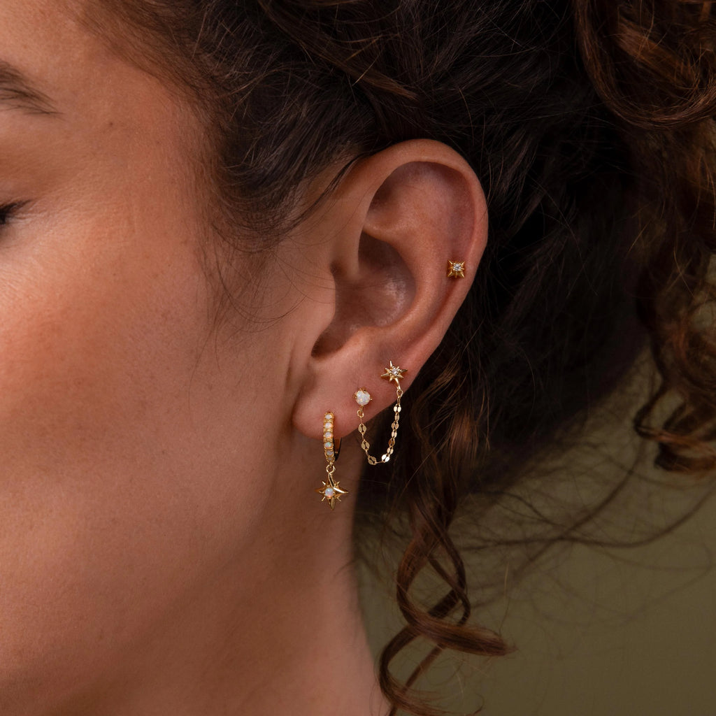 Opal & Star Duo Chain Studs  Silver 18K Gold Plated