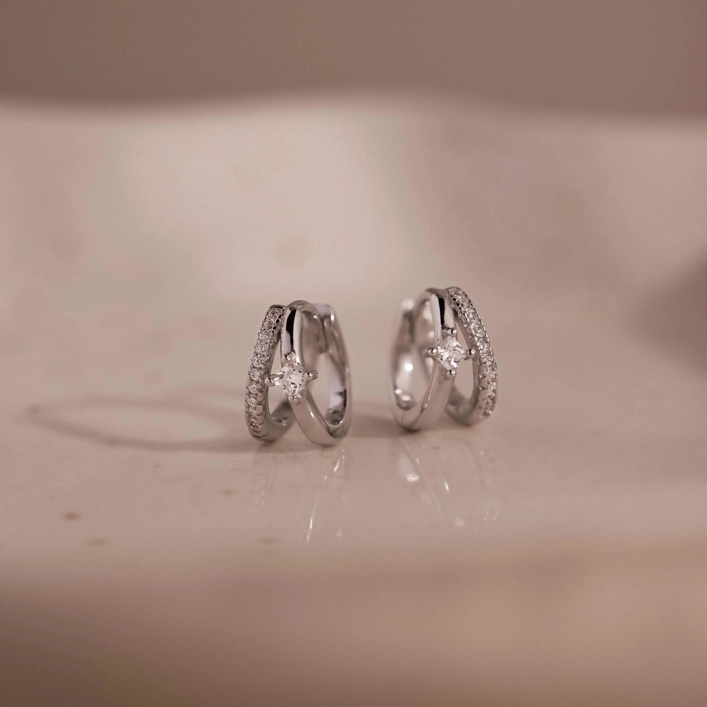Pave Diamond Duo Huggies Silver 18K Gold Plated